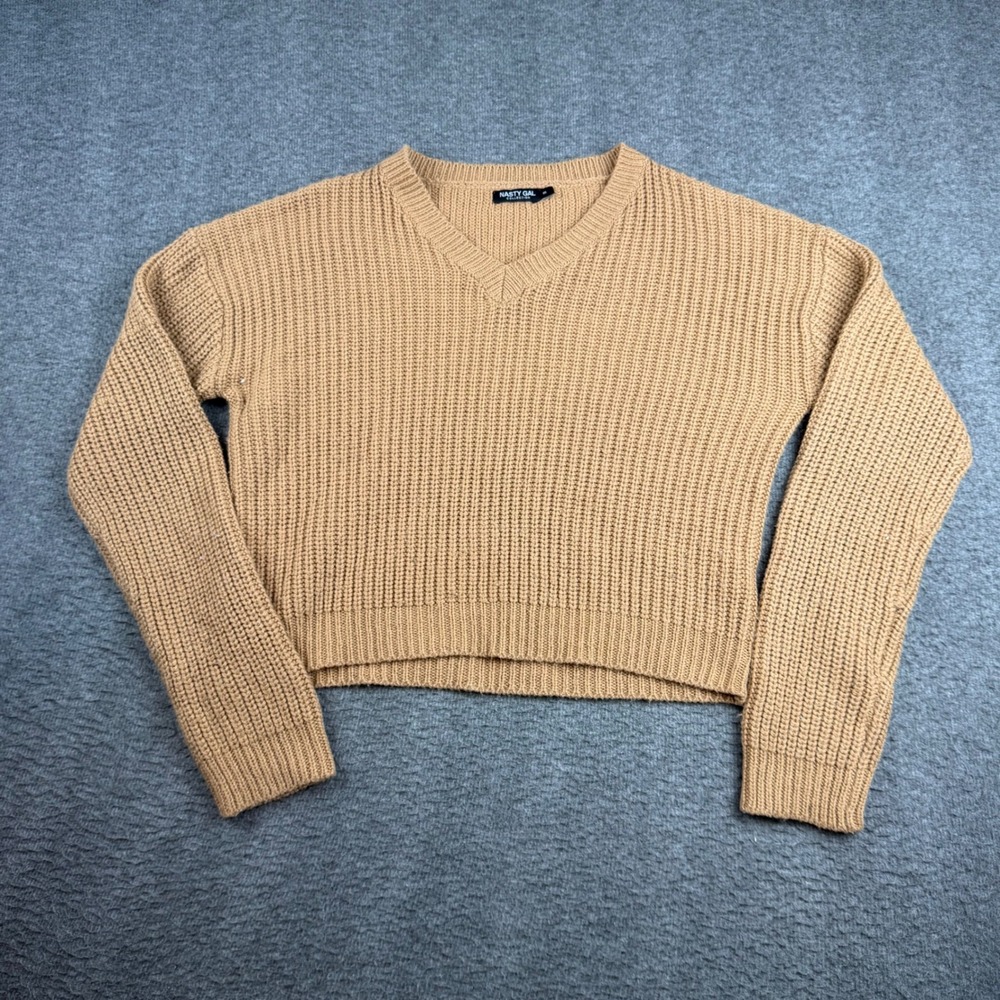 Nasty Gal‎ Sweater Women's Medium Camel Tan V-Neck Ribbed Knit Cropped Pullover